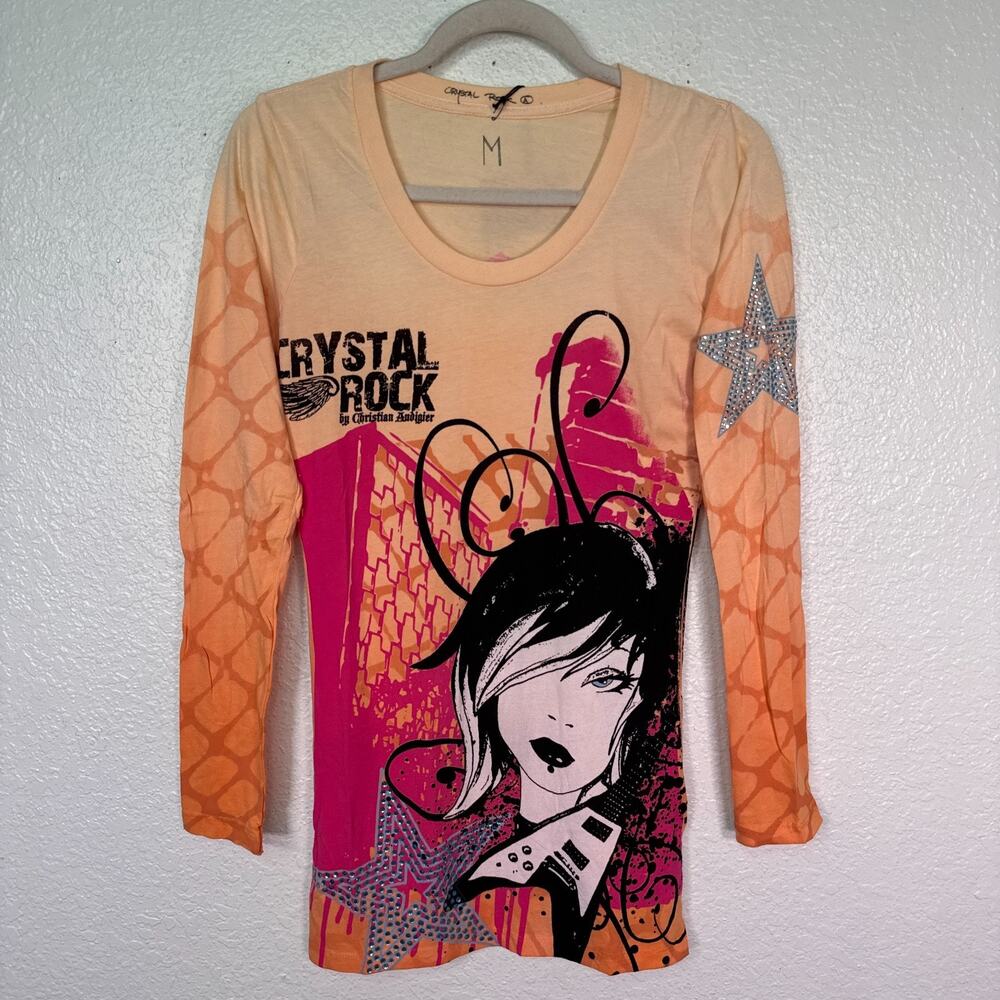 Christian Audigier Y2K Shirt Womens Medium Crystal Rock Rocker Girl Guitar Tee